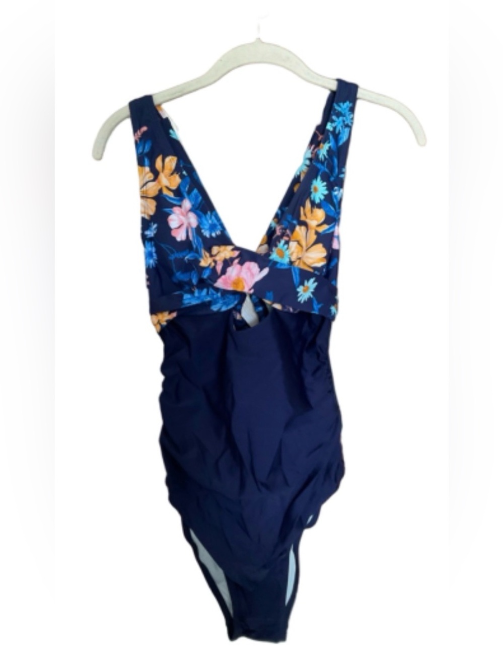 Floral Accent Navy V-Neck One-Piece Swimsuit - Women's I Swim